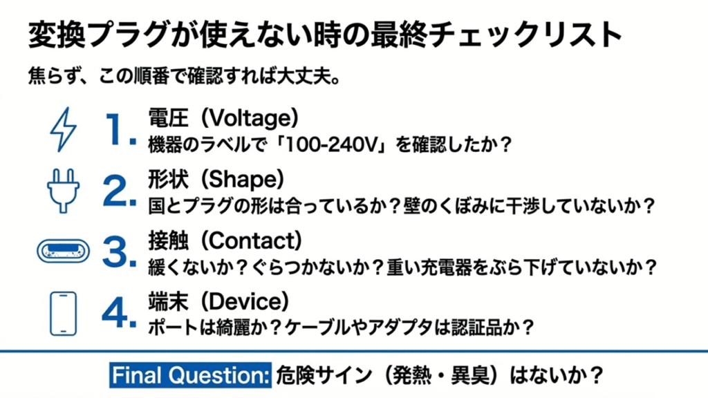 電圧・形状・接触・端末・危険サインの5項目を順番に確認する最終チェックリスト
