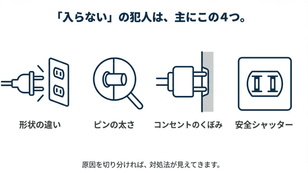 コンセントの穴とプラグの形状を虫眼鏡で拡大し、原因を調査しているイメージ図
