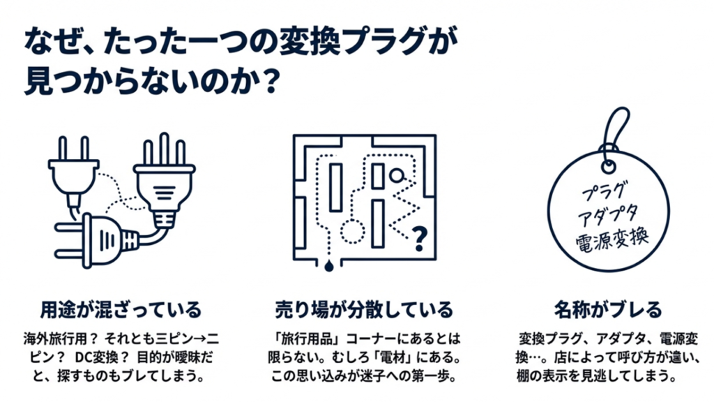 目的の曖昧さ、売り場の分散、名称のブレという、ホームセンターで変換プラグが迷子になる理由を解説したスライド。
