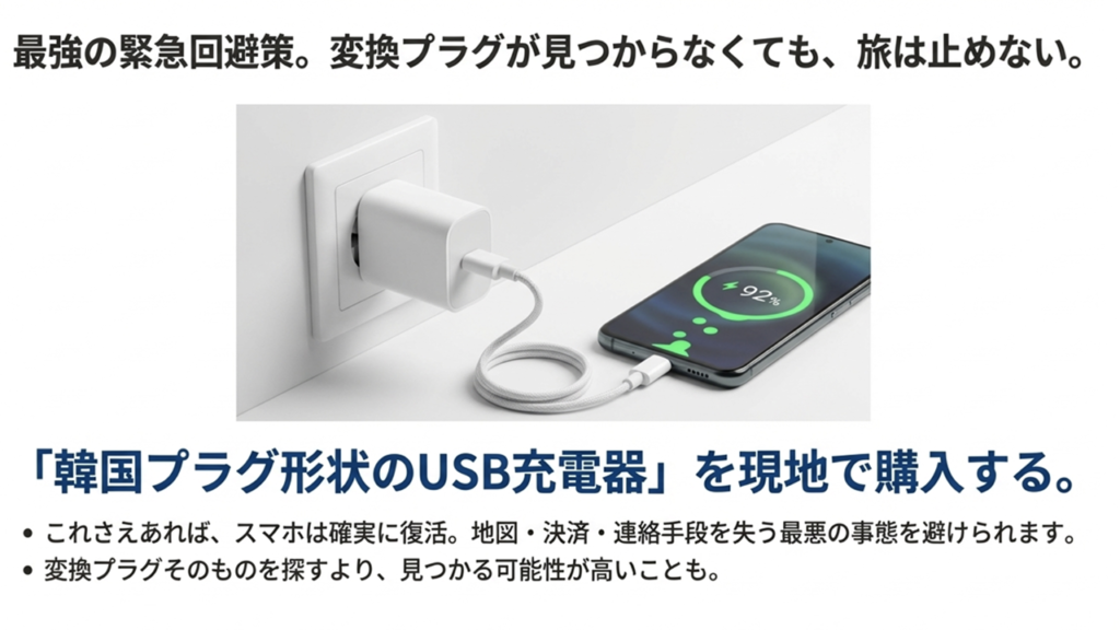 変換プラグがない場合は韓国プラグ形状のUSB充電器を現地購入してスマホの充電を確保する方法