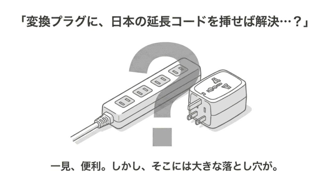 「変換プラグに、日本の延長コードを挿せば解決…？」という疑問と、大きな落とし穴があることを示唆するイラスト