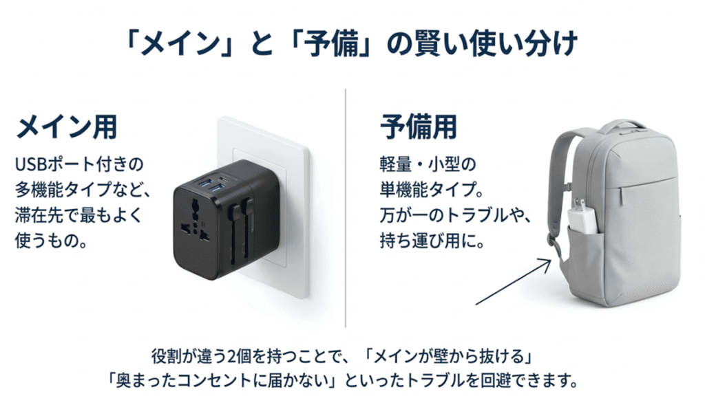 多機能なメイン用変換プラグと、バックパックに入れた小型の予備用プラグのイラスト。メインは機能性重視、予備は携帯性重視という使い分けを図解。