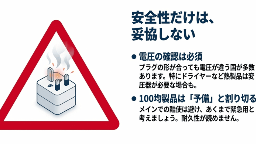 赤い警告マークと発煙するプラグのイラスト。「安全性だけは妥協しない」「電圧確認は必須」「100均製品は予備と割り切る」という注意喚起。