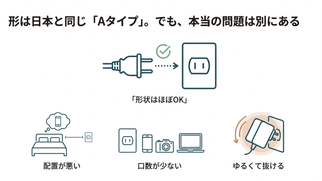 形状は日本と同じだが、配置が悪い、口数が少ない、ゆるくて抜けるといった実務上の問題をイラストで説明するスライド。