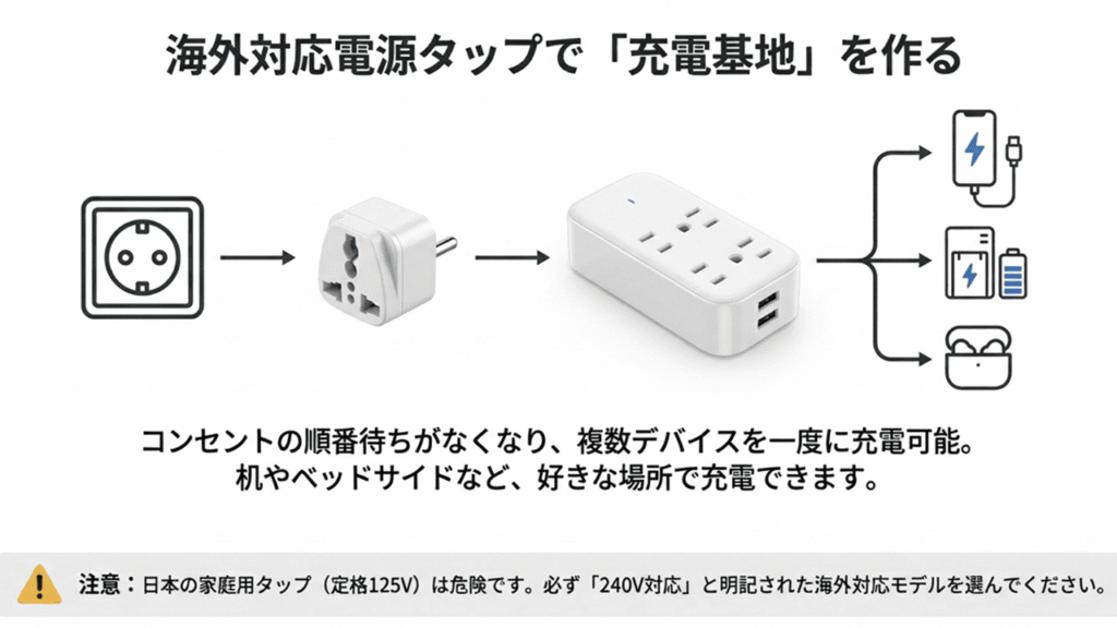 壁コンセントから変換プラグと電源タップを繋ぎ、複数デバイスを同時に充電するイメージ。