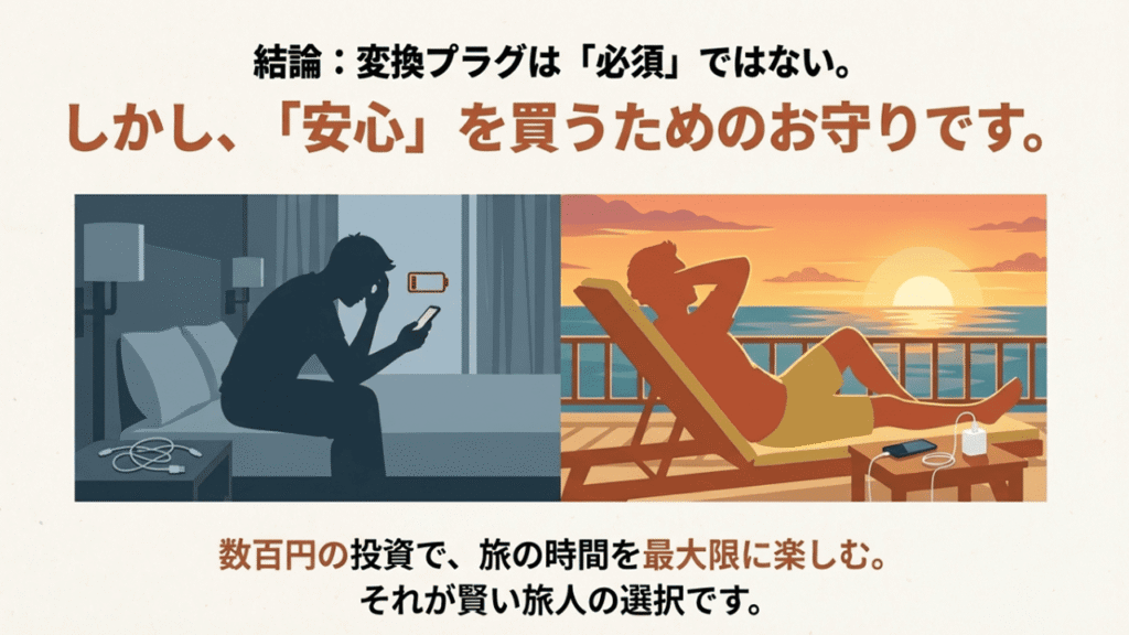 充電トラブルで落ち込む様子と、準備万端でリゾートの夕日を楽しむ様子の対比イラスト。安心を買うことの重要性を示唆