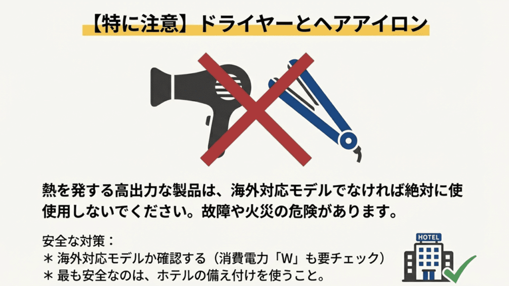 日本国内専用のドライヤーやヘアアイロンを海外で使用することの危険性と禁止マーク。ホテルの備え付け利用を推奨するイラスト