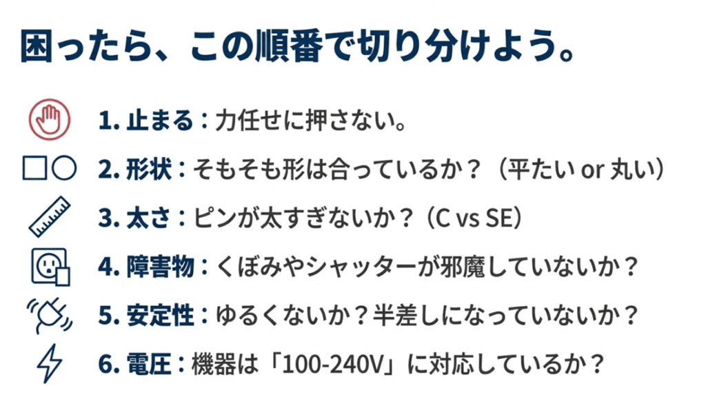 無理に押さない、2.形状、3.太さ、4.障害物、5.安定性、6.電圧を確認する手順を示したチェックシート画像