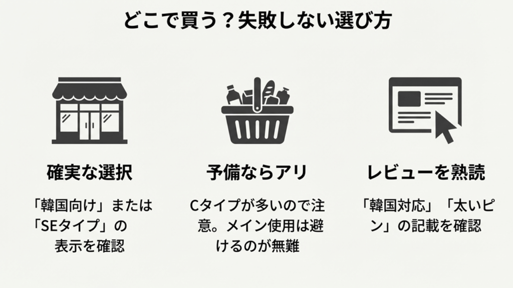 実店舗とオンラインショップのアイコン。購入時の失敗を防ぐために、レビュー確認や「SEタイプ」の表記を確認することを推奨する図。