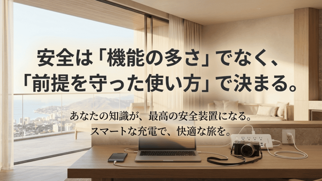安全な充電環境を整えて、ホテルの窓際でくつろぐ旅行者のイラスト。「基本の心得：電圧は変わらない。危険の正体は熱」というメッセージ