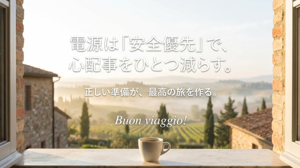 「正しい準備が、最高の旅を作る。Buon viaggio!」というメッセージ。