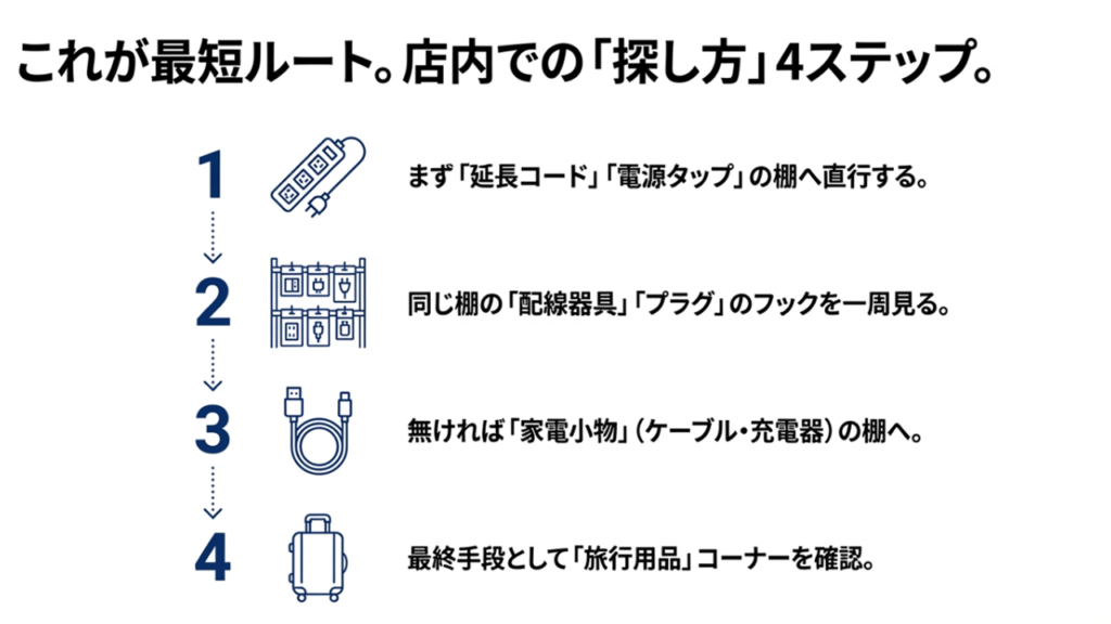 延長コード棚から始まり、配線器具、家電小物、最後に旅行用品を確認する最短ルートの図解。