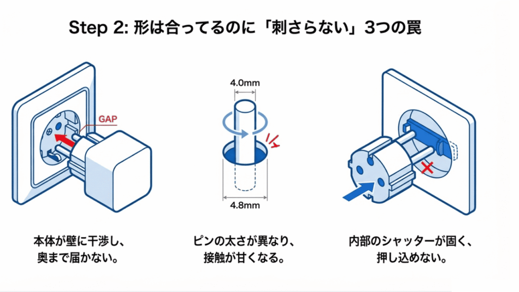 壁との干渉（GAP）、ピンの太さの違い、内部シャッターの固さなど物理的に刺さらない原因の図解