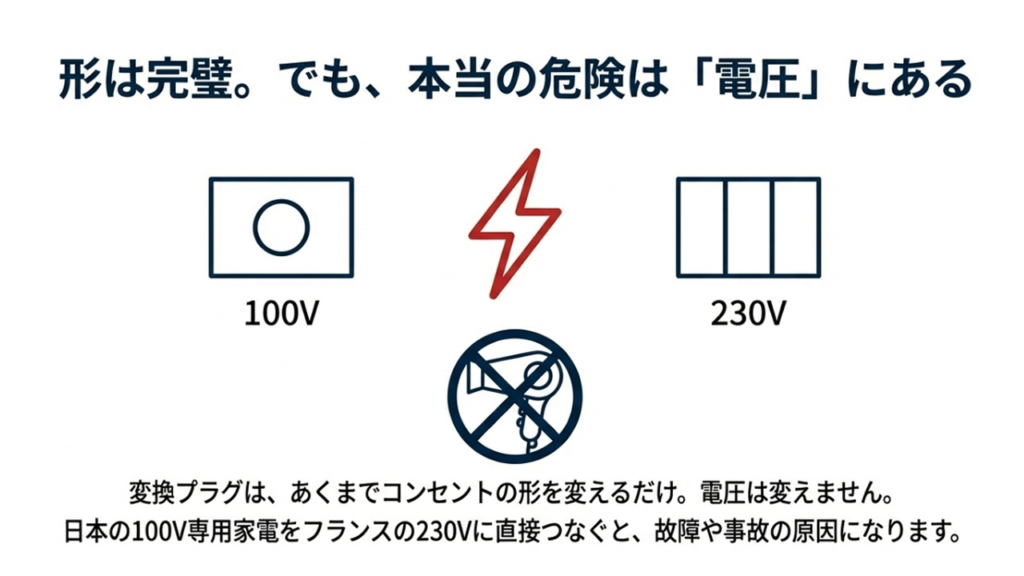 日本の100Vとフランスの230Vの電圧差と、ドライヤー使用不可を示すアイコン