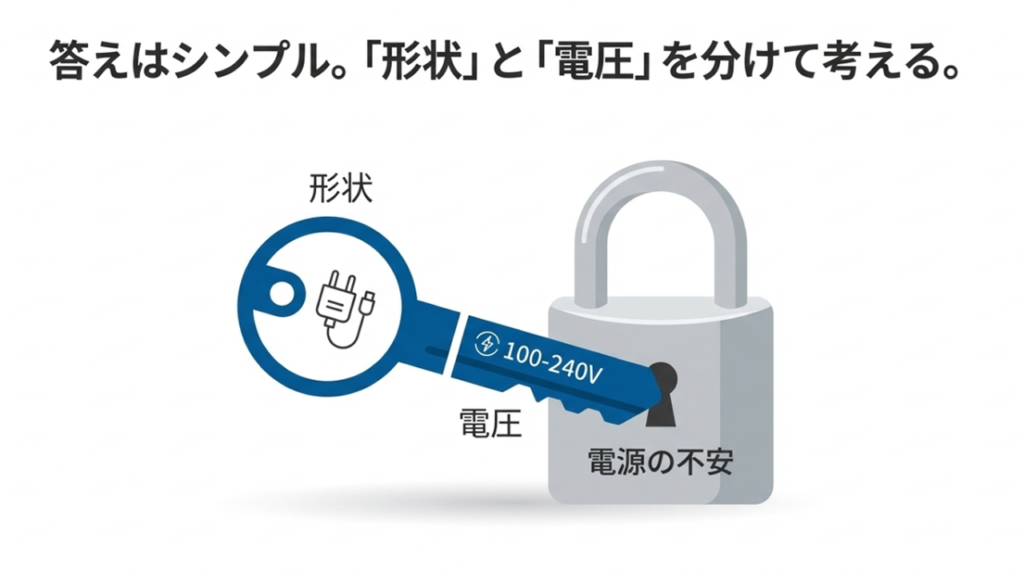 「形状」と「電圧」を分けて考えることがシンプルに解決するコツであることを示す図解。