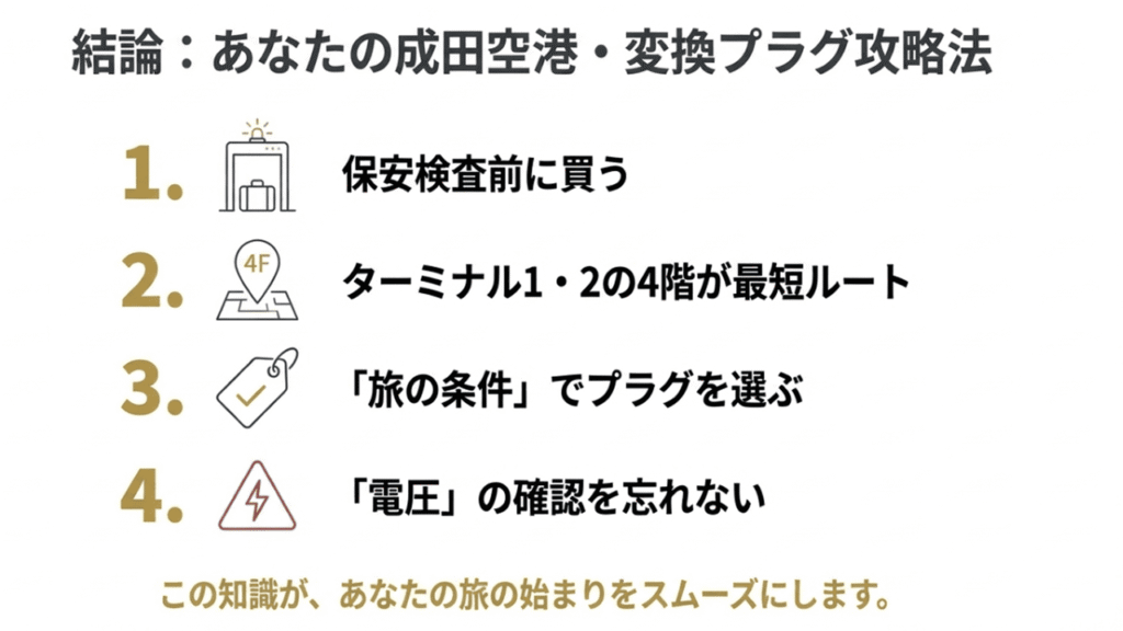 成田空港での変換プラグ購入に関するまとめ。4階で買うこと、旅の条件で選ぶこと、電圧確認の重要性を再掲。