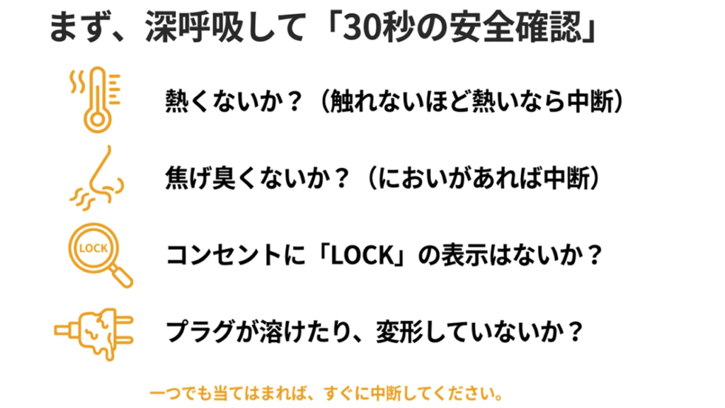 虫眼鏡でLOCKの文字を確認するイラスト。熱い、焦げ臭い、LOCK表示、変形がないかを確認する4つのポイント