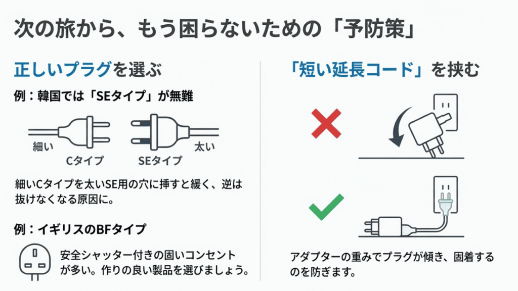 Cタイプ（細い）とSEタイプ（太い）のプラグ形状比較図と、重みを逃がすための短い延長コードの活用例
