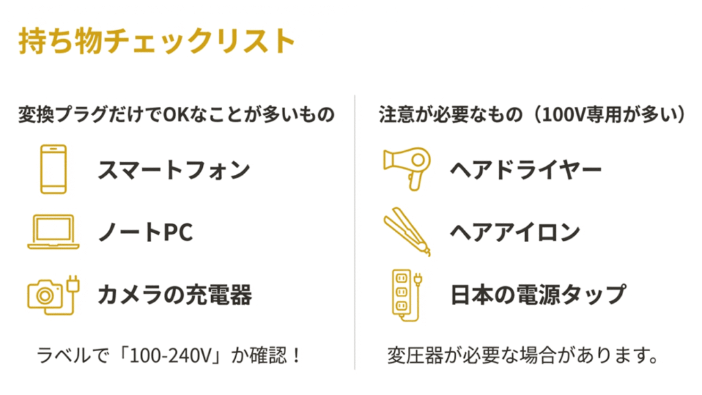 スマホやPCなど変換プラグだけでOKなものと、ドライヤーなど注意が必要なものの分類表