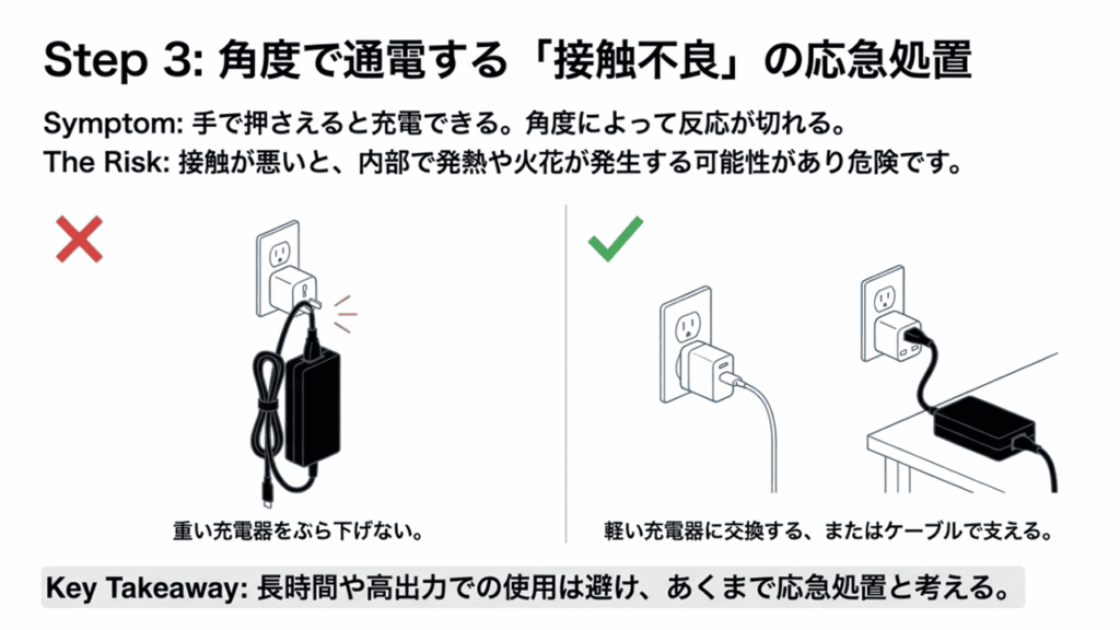 重い充電器をぶら下げず、軽いものに交換するかケーブルで支えるなどの接触不良への対処法