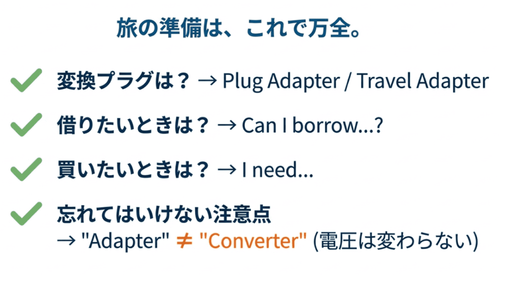 変換プラグの呼び方、借りる・買う時のフレーズ、電圧の注意点の総まとめ。