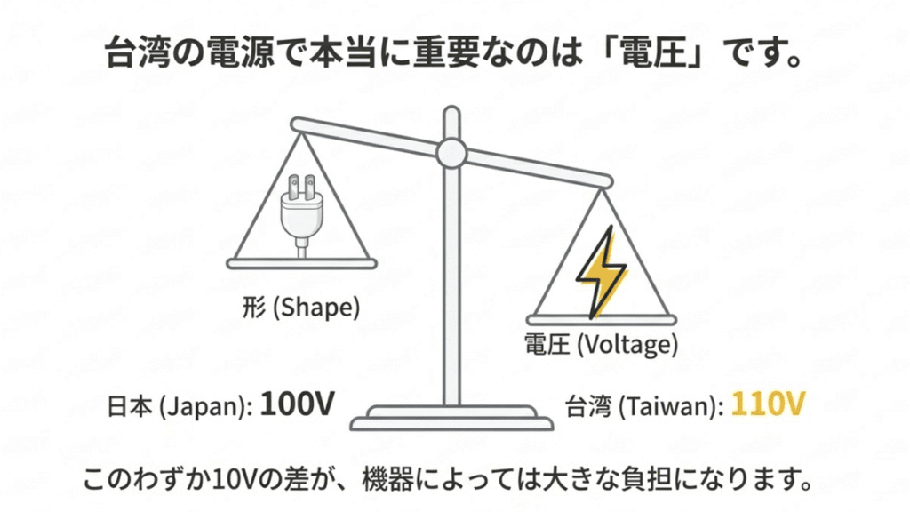 コンセントの「形」と「電圧」を天秤にかけたイラスト。形は釣り合っているが、電圧（日本100V、台湾110V）に差があることを強調している。