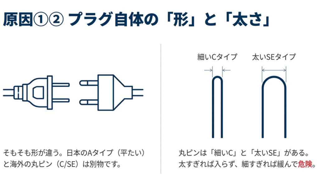 日本の平たいコンセントプラグと、海外の丸いピンプラグ（太い・細い）の形状比較図