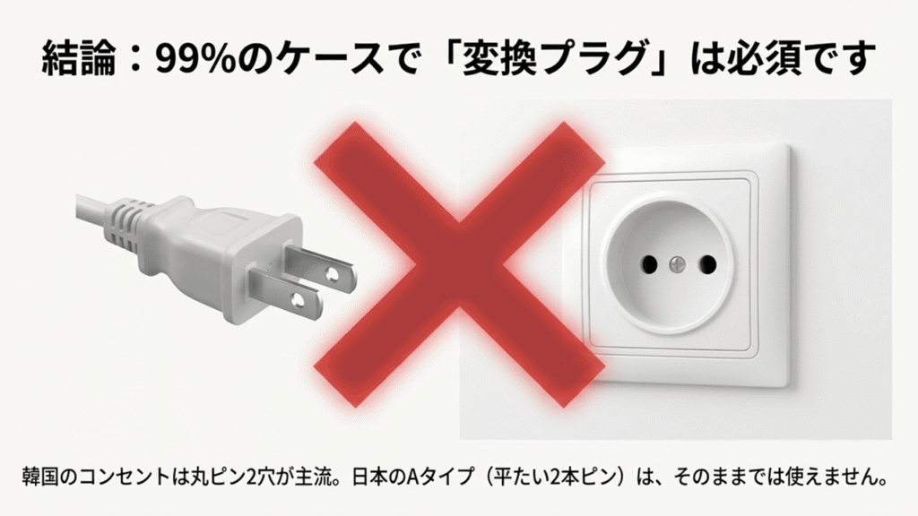 日本の平らなコンセントプラグ（Aタイプ）が韓国の丸いコンセント穴には入らないことを示すバツ印の画像