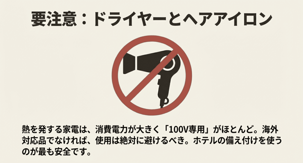 日本国内専用のドライヤーやヘアアイロンを海外で使うと発火の危険があることを示すバツ印のイラスト