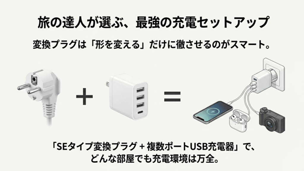 形状変換のみのSEタイププラグと、複数ポートのあるUSB充電器を組み合わせて使う推奨セットアップのイラスト