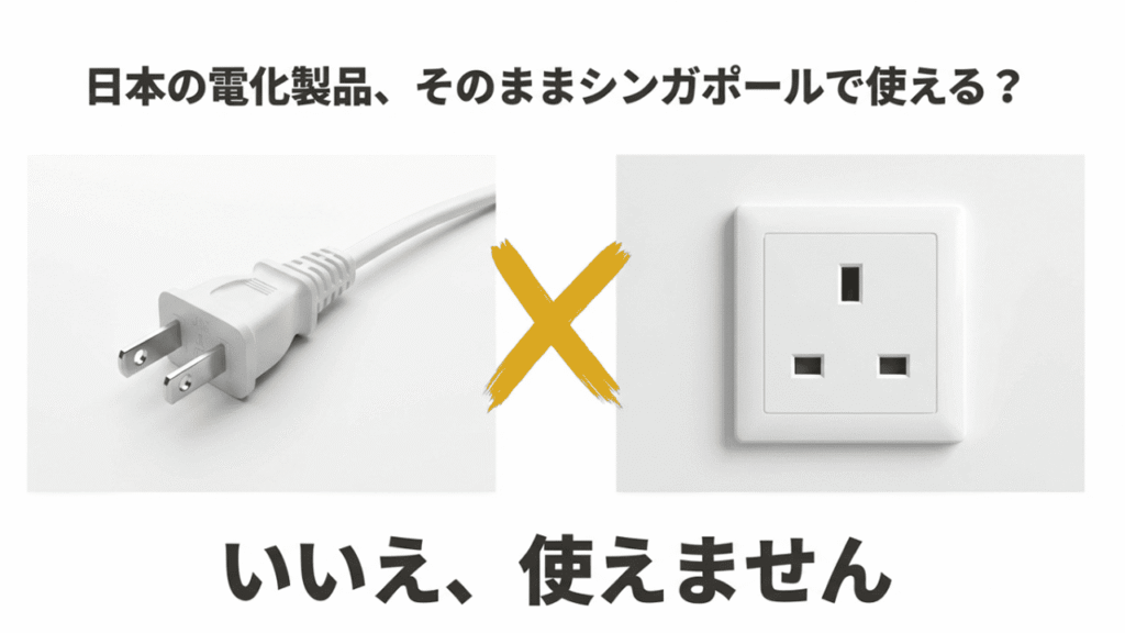 日本の電化製品はそのままシンガポールでは使えないことを示すイラスト