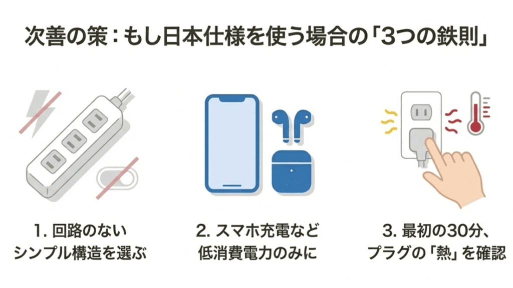 日本仕様を使う場合の条件：1.回路のないシンプル構造、2.スマホなど低電力のみ、3.最初の30分熱を確認することを示したイラスト