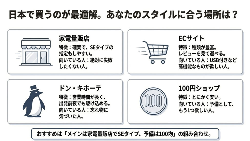 家電量販店、ECサイト、100円ショップ、ドン・キホーテの特徴とおすすめの買い方を比較したチャート