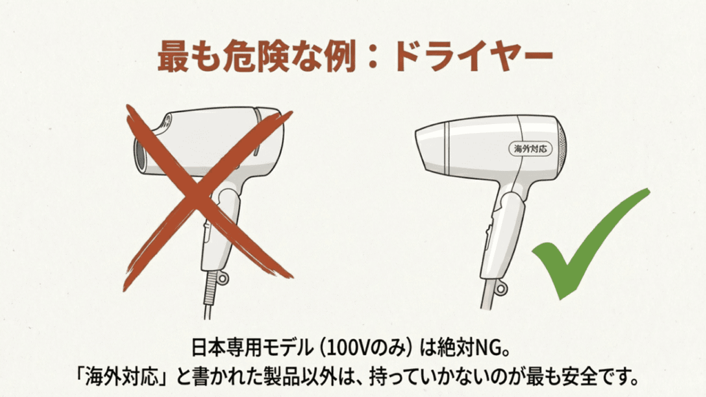 日本国内専用のドライヤーに大きなバツ印、海外対応ドライヤーにチェック印がついた比較イラスト