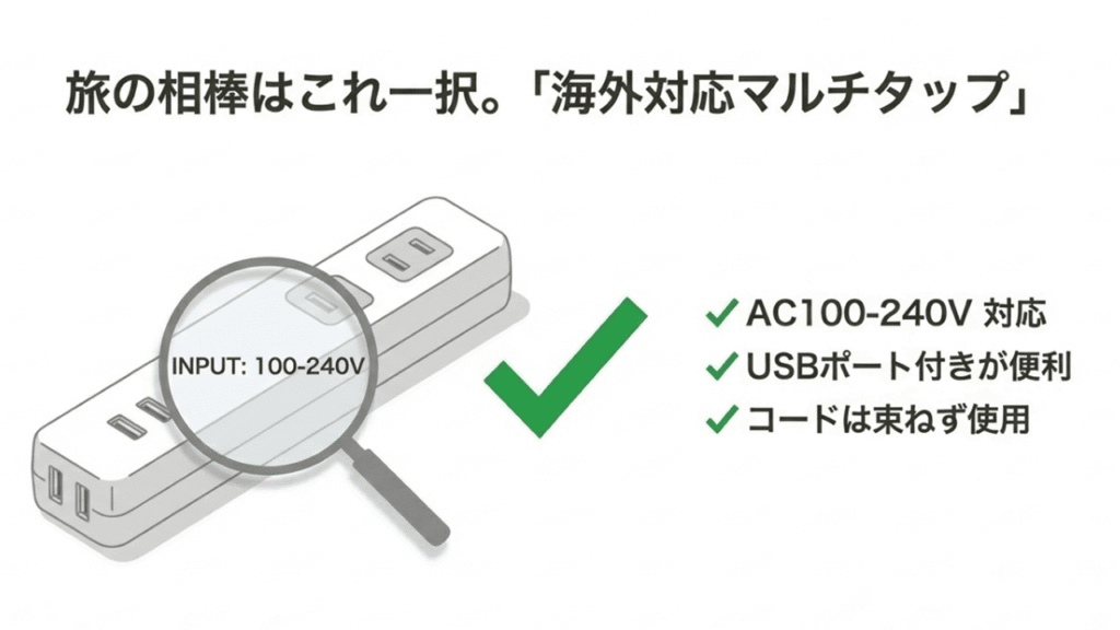 AC100-240Vに対応し、USBポートが付いた海外対応マルチタップのイラスト。コードは束ねず使用することが推奨されている