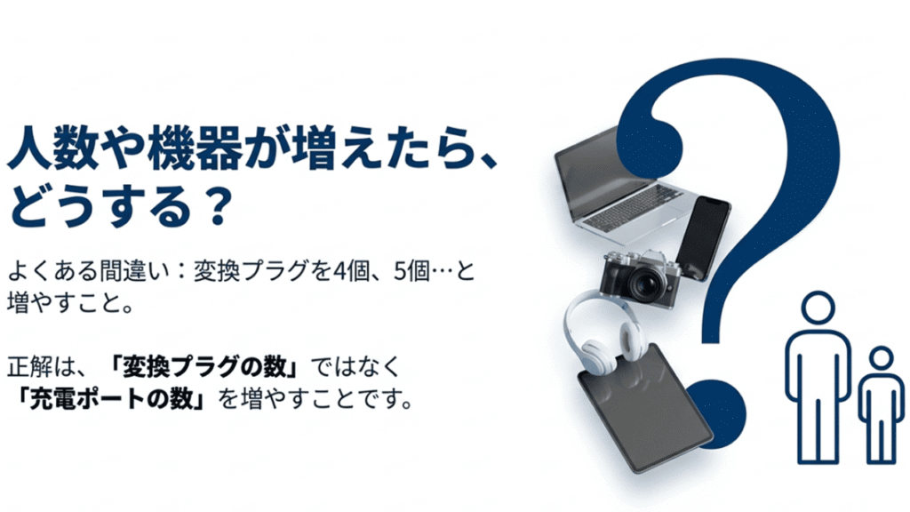 疑問符と困っている人のイラスト。「人数や機器が増えたらどうする？正解は変換プラグの数ではなく充電ポートの数を増やすこと」という解説。