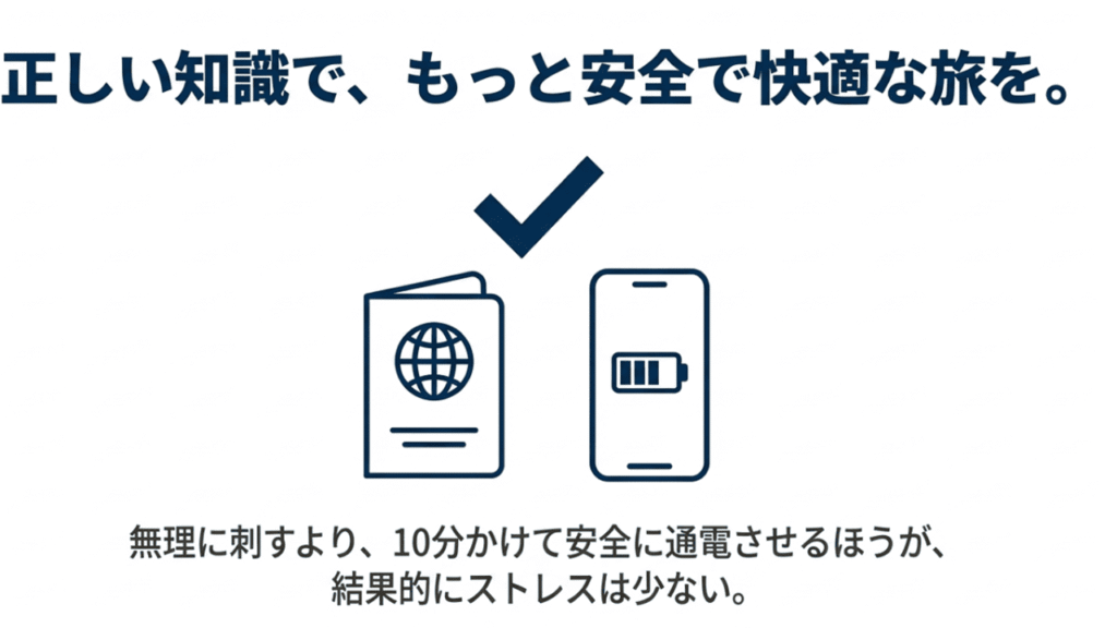 パスポートと、充電が完了したスマートフォンのイラストにチェックマークがついた成功イメージ
