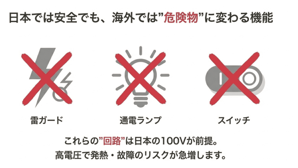雷ガード、通電ランプ、スイッチ付きの延長コードにバツ印がついているイラスト。これらは高電圧で故障・発熱のリスクがある