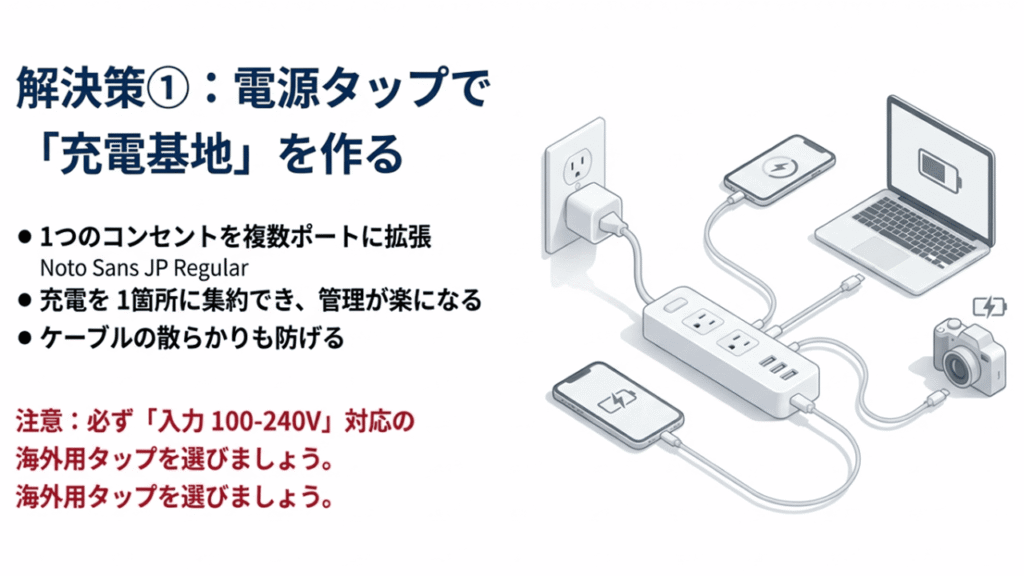 壁のコンセントから電源タップを繋ぎ、PC、スマホ、カメラなどを一箇所で充電しているイラスト。「解決策①：電源タップで充電基地を作る」という解説。
