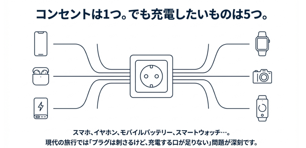 1つのコンセントに複数のデバイスが繋がろうとしているイラスト