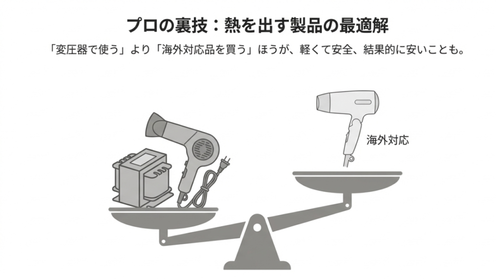 変圧器を使うより海外対応のドライヤーを買う方が軽くて安いという比較