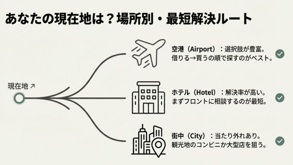 現在地から空港、ホテル、街中の3方向へ分岐するフローチャート。それぞれの場所での優先順位（借りる、買う、聞くなど）を示した図。