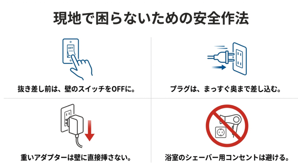 スイッチをOFFにしてから抜き差しすることや、重いアダプターの注意点など安全な使い方の図解。