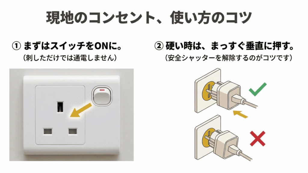 スイッチをONにすることと、垂直に真っ直ぐ押し込むコツの図解
