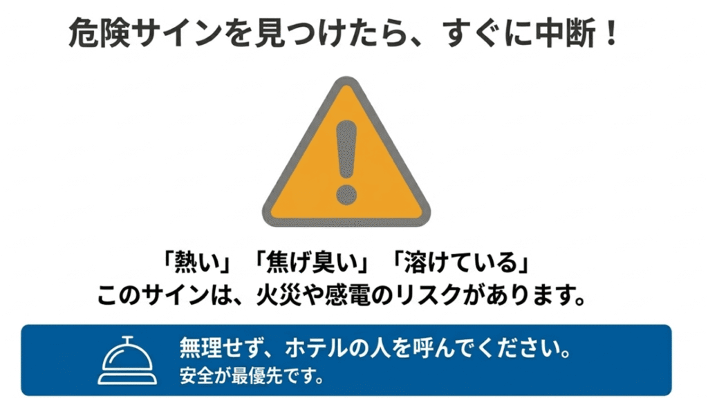 警告マークのイラスト。「熱い」「焦げ臭い」「溶けている」場合は作業を中断しホテルスタッフを呼ぶよう促す図
