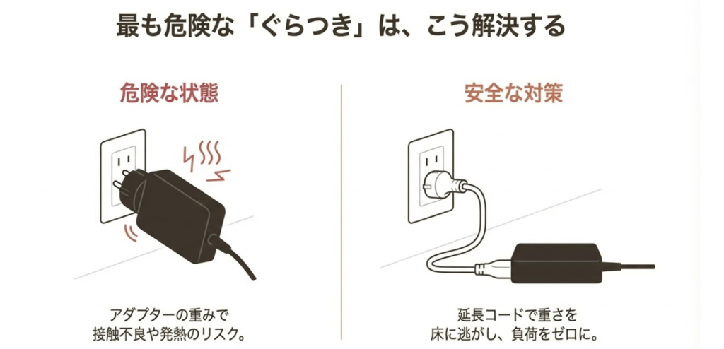 重いアダプターによる接触不良や発熱のリスクと、延長コードを使って重さを床に逃がす安全な対策のイラスト