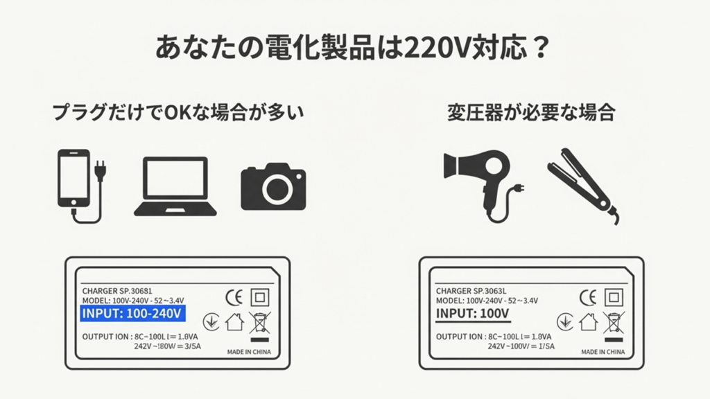 ヘアアイロンと充電器のラベル表示の例。INPUT:100V（変圧器が必要）と、INPUT:100-240V（海外対応）の見分け方を図解。