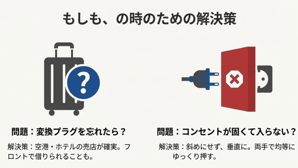 コンセントが固くて入らない場合は垂直に押すこと、変換プラグを忘れた場合は空港やホテルで購入することを示す解決策スライド