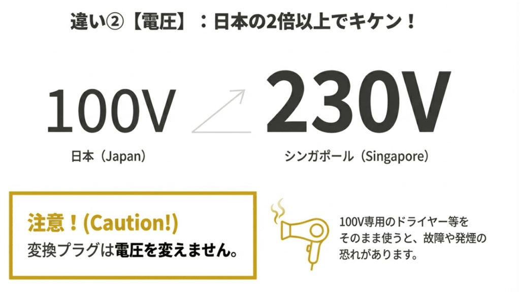 日本(100V)とシンガポール(230V)の電圧差と、100V専用機器使用への警告