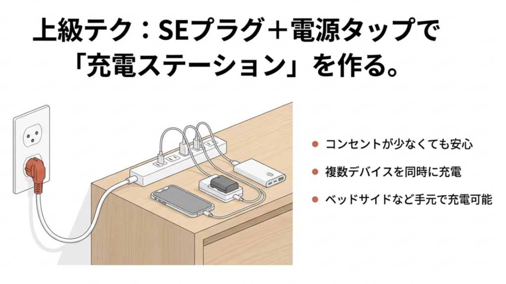 SEプラグと日本の電源タップを組み合わせ、スマホやPC、モバイルバッテリーを一斉に充電している様子。